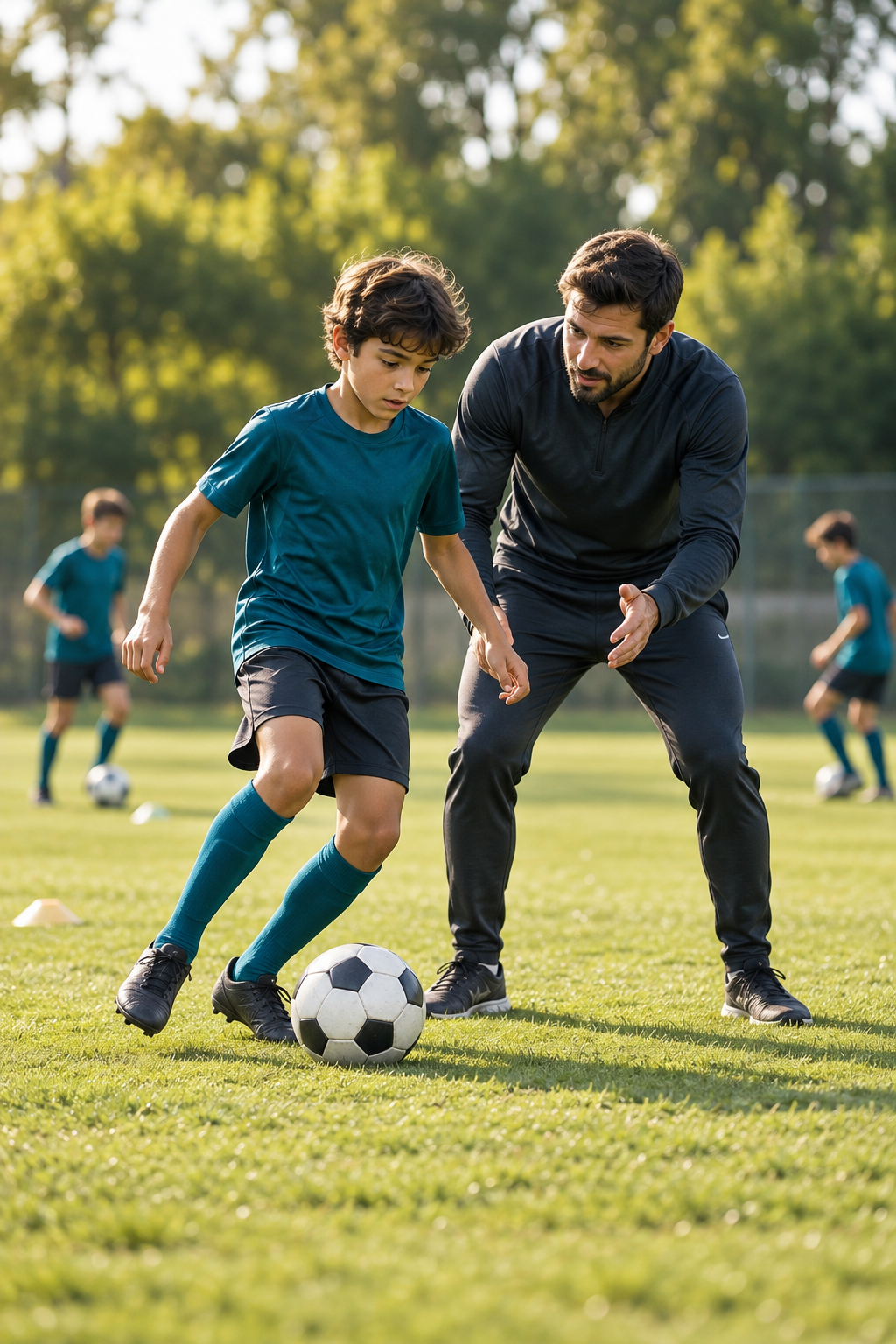 Professor orientando um jogador durante um treino de futebol